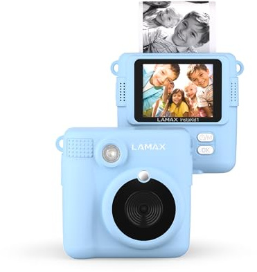 LAMAX InstaKid1 Kinderkamera, Sofortdruck auf Thermopapier, bis zu 100 Fotos pro Rolle, 2,4''-Display, Filter, Rahmen, Effekte, einfache Bedienung, Videoaufnahme, deutsche Umgebung, Spiele (Blau)