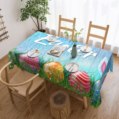 FLYIFE Osterei-Hasen-Gras, Holz, bedruckt, rechteckig, 183 x 137 cm, wasserabweisend, knitterfrei, perfekt für Essen und Veranstaltungen