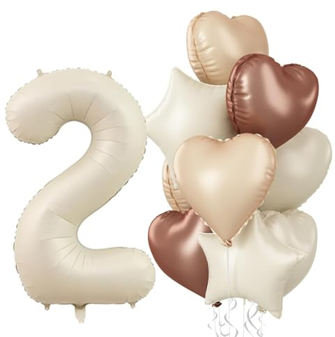 Luftballon 2. Geburtstag für Mädchen, Nude Creme Beige Helium Zahl 2 Folienballon Neutraler Stern Ballon Deko, Cremefarbene Braun Aprikose Kaffee Herz Ballon für 2 Geburtstagsdeko Jubiläum Party Deko