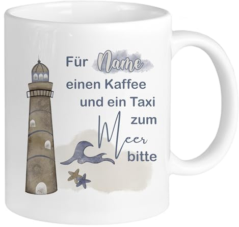 GRAZDesign Tasse Maritim mit Namen personalisiert, Kaffeebecher mit Wal und Leuchtturm als Geschenk, Keramik 330ml