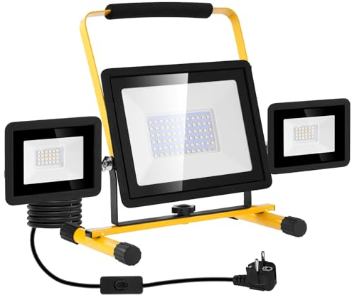 Viugreum Projecteur Led Chantier 100w 8000LM Luminaire Exterieur à Trois Têtes Avec Prise Câble de 3M Étanchéité IP65 Blanc Froid 6500K Portable Lampe Chantier pour Atelier Garage Construction