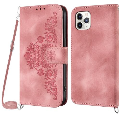 NETANY Cover per iPhone 11 Pro Max con Cordino, Flip Portafoglio Custodia in Pelle, [2 Porta Carte][Chiusura Magnetica],Custodia Libro Antiurto Cover con Laccio per iPhone 11 Pro Max (Rosa)