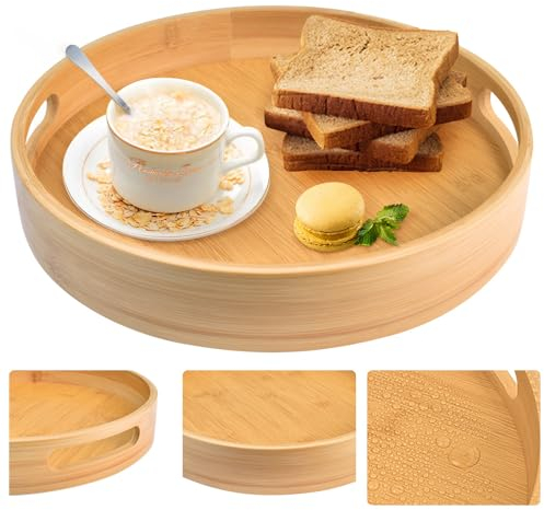 LPAMABA Plateau de Service en Bambou avec Poignée 30 * 30 * 5cm, Plateau Rond Bambou 30 cm Plateau de Service Antidérapant Plateau de Service en Bois pour Brut Hors-d'Œuvre, Boissons, Desserts