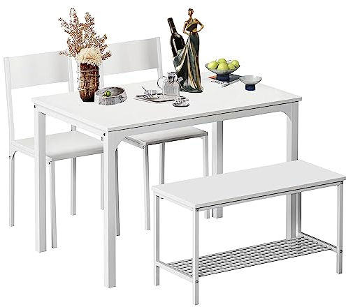 SogesPower Conjunto de Mesa y Sillas de Comedor, con 1 Mesa, 2 Sillas y 1 Banco, Juego de Mesa de Comedor para 4 Personas, Adecuado para Cocina, Comedor, Blanco