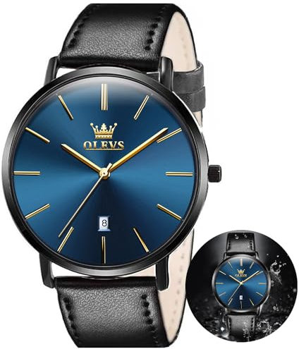 OLEVS Herren-Armbanduhr, klassisch, Business-Armbanduhr, atmungsaktives Lederarmband, lässig, Kalender, wasserdicht, stilvoll, geeignet als Geschenk, Schwarzes Armband und schwarzes und blaues