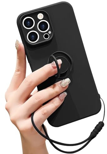 Pepmune Compatible with iPhone 14 Pro Max Case Liquid Silicone with Ring Holder Kickstand Magnetic Car Mount Detachable Wrist Strap Shockproof Soft Protective Cover-Black