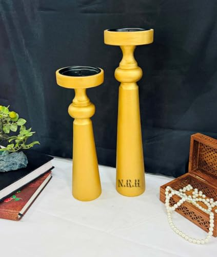 Lot de 2 bougeoirs faits à la main en bois doré pour bougie chauffe-plat