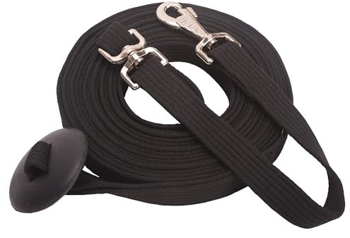Cord Longierleine aus Baumwolle mit Gummistopper, Pferdeleine für Pferde mit Drehbolzenverschluss, 7,3 m, Schwarz, 7,3 m