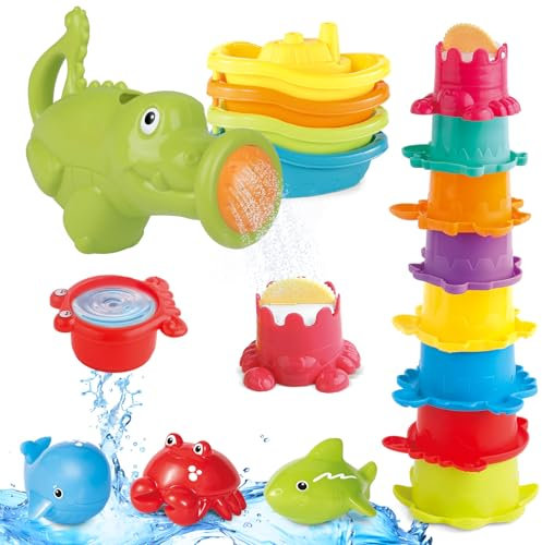Badewannenspielzeug Set, 16 Stück Badespielzeug Baby ab 12 3 4 Jahr, Wasserspielzeug Kinder Schwimmbad Pool Spielzeug, Gießkanne Stapelbecher Sandspielzeug Geschenk für 6-12 Monate Jungen und Mädchen