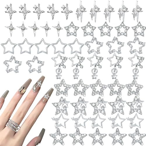 Star Nail Charms, 55 Pcs Silver Star Nail Gems Y2K Nail Charms Shiny Pentagram Nail Rhinestones Alloy Dangle Nail Jewels 3D Nail Art Decorations Accessories for Women Girls (Silver)