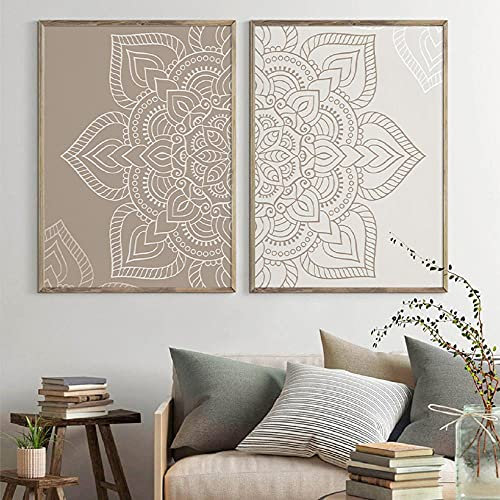 AdoDecor Bilder 2er Set, Bilder Wohnzimmer, Bild auf Leinwand, Blumen-Mandala-Beige-neutrale Farben Wandbilder Schlafzimmer, Zen-Yoga-Dekor Badezimmer Boho Deko(Ungerahmt)