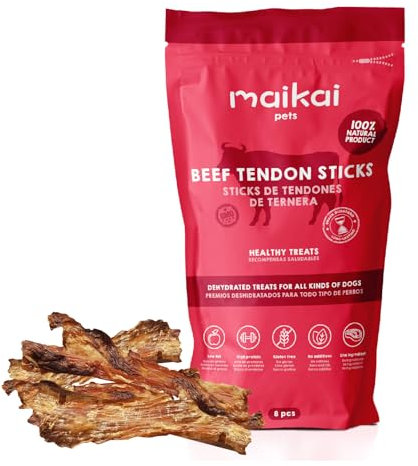 MAIKAI Chuches 100% Naturales para Perros de Todas Las Edades – Pack 8 uds Tendón Ternera – Snack Natural Rico en Proteína sin Aditivos + Premio para Cachorros Dieta Barf + Fabricado en España