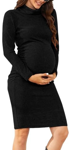 PARNIXS Women's Fashion Long Sleeve Knit Maternity Dress Ruched Pregnancy Clothes Black