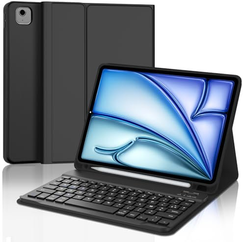 JADEMALL Clavier pour iPad Air 11 (M2/M3) 2024/2025, Coque Clavier pour iPad Air 11 Pouces M2/M3 2024/2025, AZERTY Français Bluetooth Détachable avec Fente pour Stylo, Noir