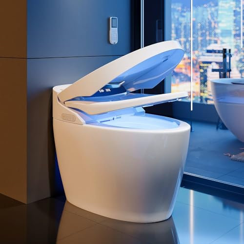 Homary Smart Toilet with Built-in Bidet, Auto Open/Close Lid Heated Seat Toilet, Auto Flush, LED Display, Foot Sensor – Tankless One-Piece Bathroom Bidet, 1.27 GPF, White, Horizontal Outlet