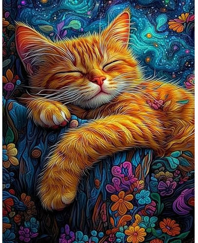 DAERLE Peinture par numéros adulte Chat mignon endormi, Fleurs, Kit de bricolage pour adultes Peinture sur toile Avec peinture et pinceau, Cadeaux et décorations de peinture 30x40 cm sans cadre