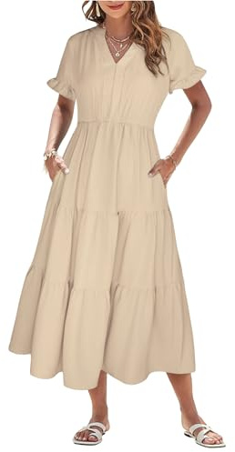 Theenkoln Sommerkleid Damen Lang V-Ausschnitt Kurzarm Strandkleid Einfarbig Rüschen Midikleid Freizeitkleider mit Taschen Aprikose M