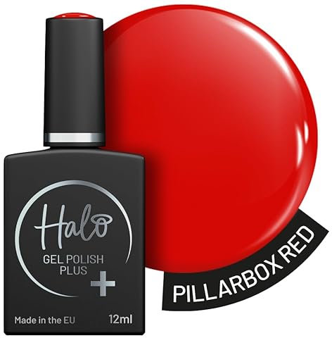 Halo Gel Polish Plus 12ml - Pillar Box Red. UV/LED Gel Nail Polish, Long Lasting & Easy To Apply. Nail Art Colours For Manicure & Pedicure. Hema Free Gel Polish For Professional & Home Use.
