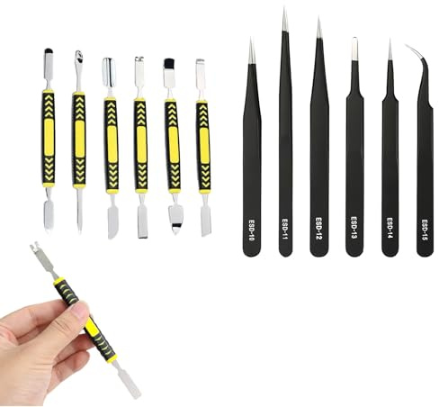 WUERKIYA Teiliges Elektronik öffnungs Hebel Werkzeug Reparatur Spachtel Set Reparaturwerkzeug 12-teiliges Set mit Metall-Doppelkopf-Pry-Tools und Präzisionspinzetten für Elektronikgeräte Schwarz