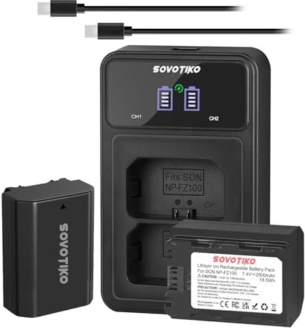 SOVOTIKO NP-FZ100 Battery 2-Pack and Dual-Slot Charger for Sony A7iii, A7iv, A7C, ZV-E1, FX3, FX30, A6600, A6700, Alpha 9, Alpha 9S, A7R iii, A7R iv, and A7R V Camera,2500mAh