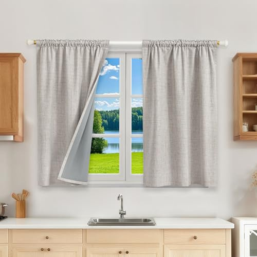 Runyéla 100% Verdunklungsvorhänge Thermovorhänge Kälteschutz Gardinen mit Kräuselband 120 x 90 cm (HxB) 2er Set Leinenoptik Vorhänge Blickdicht Grauweiß, Schiebegardinen Wohnzimmer Curtain