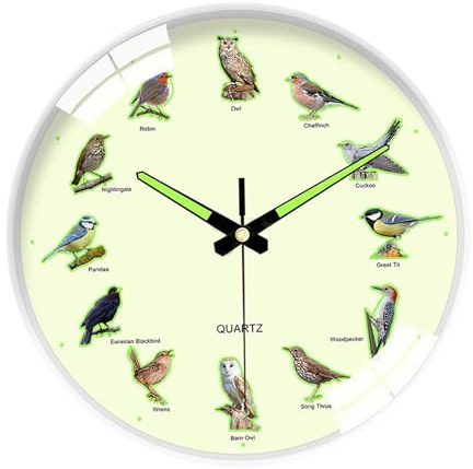 MagiDeal Wanduhr mit Vogelmotiv, rund, Geschenke, Wandkunst, Ornament, Zubehör, leise, leicht, für Schule, Zuhause, Café, Bar, Schlafzimmer, Büro, Weißer Rahmen