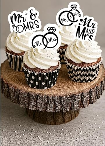 28 x PRE CUT BLACK AND WHITE MR AND MRS WEDDING I DO STAND UP EDIBLE WAFER CARD RICE PAPER CUPCAKE TOPPERS DECORATIONS