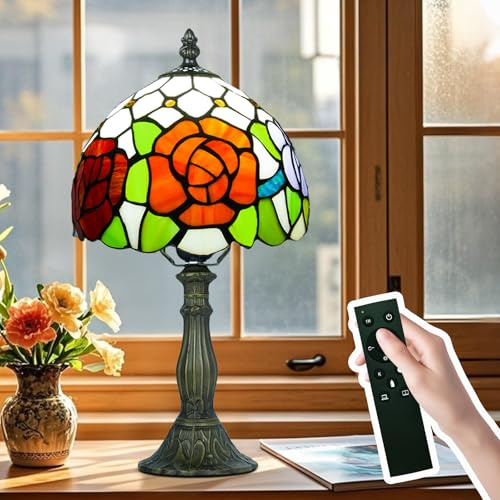 Ppbmocw Tiffany Tischlampe Mit Fernbedienung,Dreifache Rose,8 Zoll | Retro Kleine Tischlampe Buntglas,Dimmbar & Einstellbare Farbtemperatur,Furs Wohnzimmer,Schlafzimmer,Nightstand,Reading,Küche