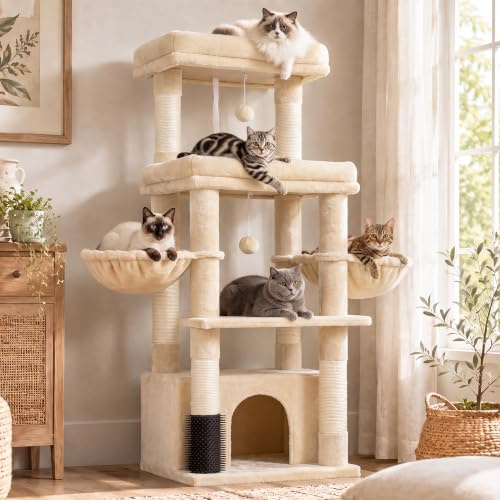 Hey-brother Kratzbaum für große Katzen, mit 2 Grosse Plattformen, MPJ070M | 130 cm Katzenbaum für Maine-Coons, symmetrische Struktur, Stabil, 2 korb, große Katzenhöhle, Kämmmaschine, Beige