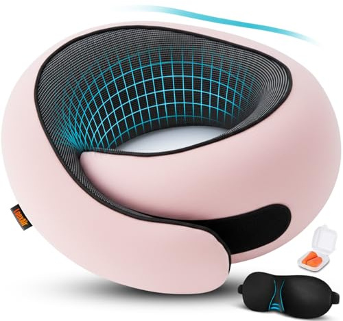 LoexAir® Nackenkissen Flugzeug, Reisekissen für Flugzeug, Auto - 100% Baumwolle & Memory-Schaum Nackenhörnchen, Leicht & einfach mitzunehmen, komplettes Reiseset (Schlafmaske, Ohrstöpsel)- Sakura Pink