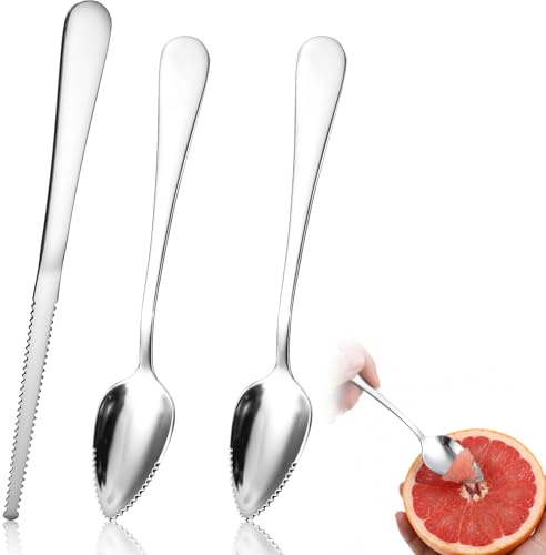 TIESOME 2 grapefruktskedar av rostfritt stål och 1 grapefruktkniv, grapefruktsked rostfritt stål 3-delad set, fruktsked rostfritt stål med taggig för Kiwi äpplen grapefrukt
