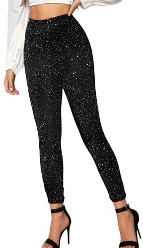 Glitzerhose Damen Lang Silvester Outfit, Glitzer Leggings Schwarze Glitzerleggings mit Hoher Taille Sternenhimmel Druck Hosen Lang Festliches Outfit Elegant Sexy Hose Rave, Karneval Party