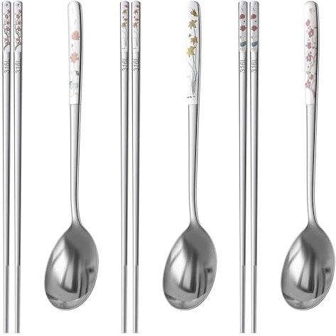 Grevosea Korean Chopsticks and Spoon Set, 3 Sets Reusable Long Handle Stainless Steel Spoon and Chopsticks Asian Soup Spoon for Home Kitchen Restaurant Korean Utensils