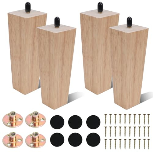 COEWUR 4 Stück Möbelfüße Holz Möbelbeine 15 cm Tischbeine Holz Massivholz Beine Vierkant Tischfuß Sofafüße mit Montageplatten Schrauben Filzgleiter für Bett Schrank Stuhl Ottomane (Naturholzfarbe)