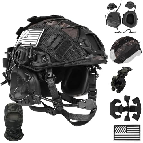 LZAQHMT 4-in-1 Upgraded Airsoft Helmet with Rapid-Adjust Dial | Complete Helmet Kit with Headset, Cover and Counterweight Bag for Paintball, Cosplay, Training and Outdoor Games