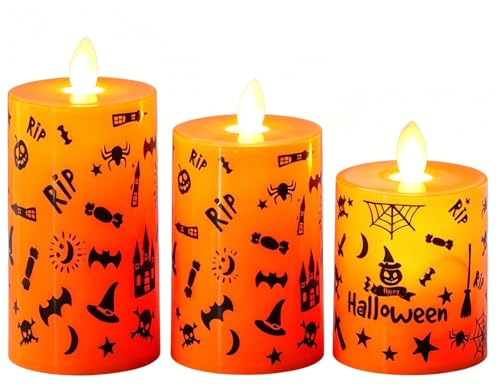 Flameless Votive Candles, 3 Pcs Flickering Flameless Maple Leaf Candle Lights with Remote & Timer, Battery Operated LED Candle Lights for Halloween Christmas Wedding (Orange-Halloween)