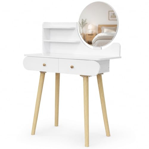 Shally Dogan Toeletta Trucco Bianca con Specchio Rotondo, Cassetti e Scomparti, Postazione Makeup in Legno Design Minimal, Ideale per Interni, Casa, Camera da Letto, Cameretta 80 x 40 x 122 cm