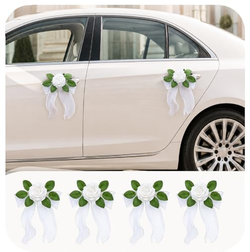 Hochzeit Auto Dekorationen Set 4 Stück Handgemachte Weiße Rose Auto Türgriff Blumen mit Saugnäpfen, Perlenrand Schleife Hochzeit Auto Band Schleifen für Brautauto, Zeremonie & Empfang Dekor