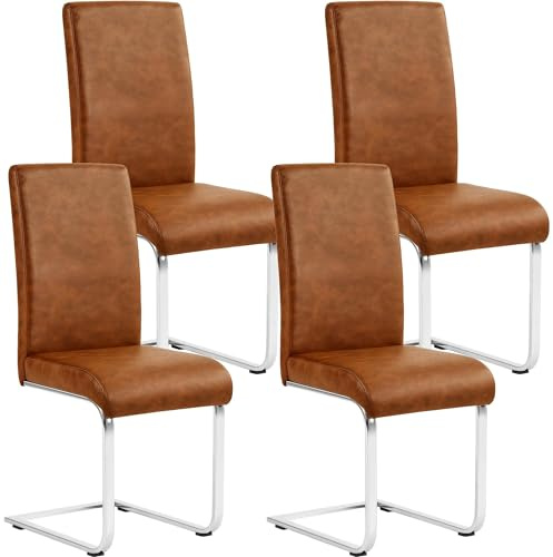 Yaheetech Esszimmerstühle 4X Schwingstuhl hohe Rückenlehne Rustikal-Braun | Moderner Küchenstuhl, Ergonomisch, Freischwinger mit Metallgestell, Kunstleder, für Küche, Esstisch, 135 kg belastbar