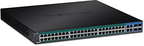 TRENDnet, TPE-5240WS, 52-Port Gigabit Web Smart PoE+ Switch, 48 Gigabit PoE+ Ports, 4 gemeinsam genutzte Gigabit Ports (RJ-45 oder SFP), 370 W PoE-Leistungsbudget, 104 Gbit/s Switching-Kapazität