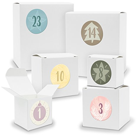 DIY itenga Adventskalender Set zum Selberbefüllen 24 Schachteln Quader und Würfel gemischt WEISS + ZahlenSticker (Motiv Z17 Pastell klassisch)