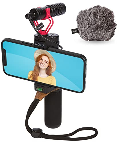 Movo Smartphone Video Rig mit Shotgun Mikrofon, Griffgriff, Handschlaufe für iPhone 5, 5C, 5S, 6, 6S, 7, 8, X (Regular und Plus), Samsung Galaxy, Note und mehr