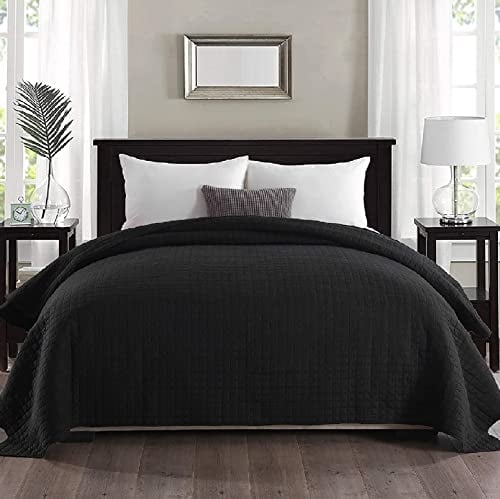 WOLTU Tagesdecke Bettüberwurf 170x210cm Schwarz, Bedspreads 360GSM Patchwork Wendedesign Kariert, Schlafzimmer Tagesdecken Einzelbett, Steppdecke unterfüttert und gesteppt