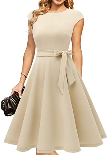 DRESSTELLS Robe Cocktail Mariage Vintage Robe Casual Femme Robe de Soiree Femme Robe baptême col Rond Manches Courtes Champagne M