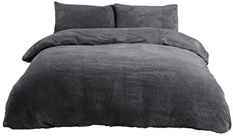Sleepdown Teddy Fleece Duvet Cover Quilt Bedding Set with Pillow Cases Thermal Warm Cosy Super Soft - King - Charcoal, 5056242736356