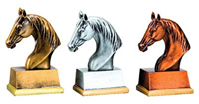 Henecka Reitsport-Pokal, Resinfiguren Pferdekopf, Gold - Silber- Bronze, mit Wunschgravur, wählbar in 3 Farben, oder als 3er-Serie