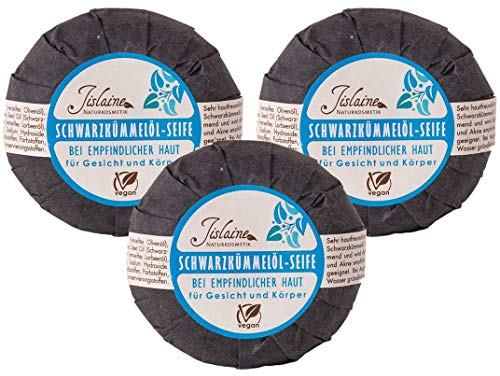 Schwarzkümmelöl-Seife im 3er Pack [Pflege für trockene und empfindliche Haut] Bio-Naturkosmetik – pflegende Reinigung für Gesicht und Körper – mit Olivenöl und Lorbeeröl, vegane Naturseife