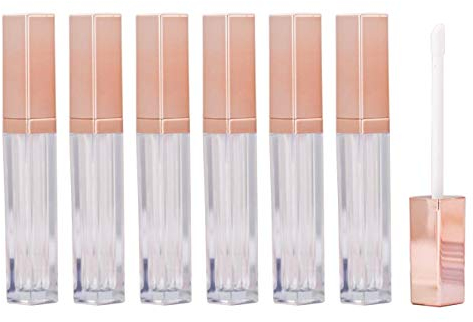 VASANA Lot de 6 tubes vides en plastique transparent de 5 ml pour gloss à lèvres avec couvercles à vis or rose - Fournitures pour échantillons de lèvres, maquillage, voyage
