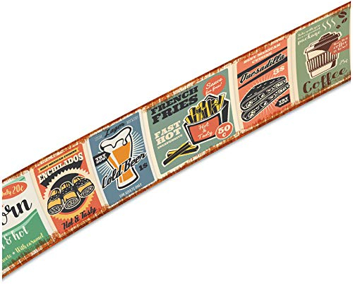 Wandtattoo Selbstklebende Retro Bordüre 2,5m x 18cm Vintage Old School Look Wanddekor Wohnzimmer Wand Küche Wandaufkleber Wandsticker W004 (Nr. 2 Food 2)