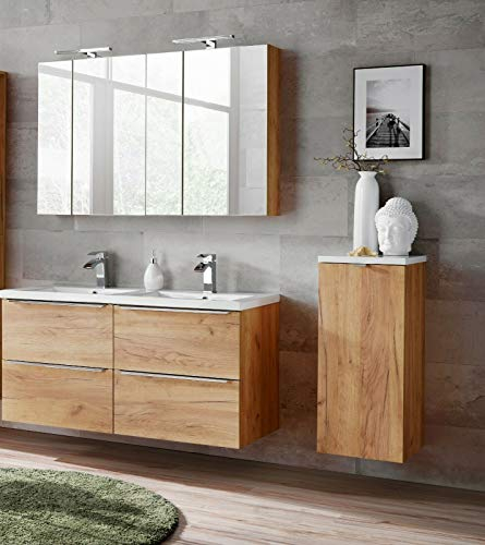 NAKA MRS Badmöbel Set Capri Eiche Gold 120 mit Doppelwaschbecken LED Soft/Close montiert (Waschtisch Spiegelschrank Unterschrank)